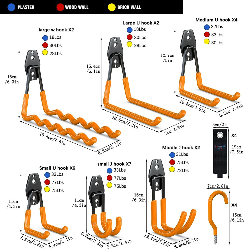 3-H Garage Wall Hooks 31 Pack, Garage Hooks Heavy Duty with Extra Welding Spots, Garage Organizer for Garden, Lawn, Yard Tools, Chairs, Ladders, Weed Eater, Shovel, Blower(Oranger)