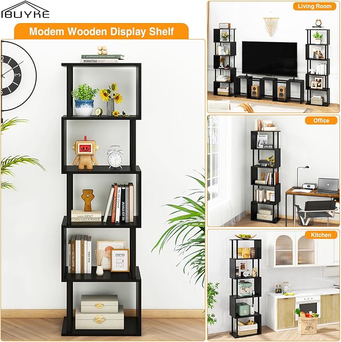 IBUYKE 6-Tier Tall Bookshelf,S-Shaped Geometric Bookcase, Wood Display Shelve...
