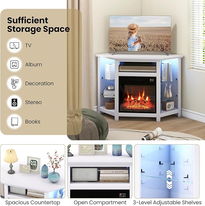 RELAX4LIFE Corner Fireplace TV Stand - Electric Fireplace Entertainment Center w/Heater Insert, LED Lights, APP Control & Adjustable Shelves, Media Console Cabinet for TVs up to 50’’ (White)
