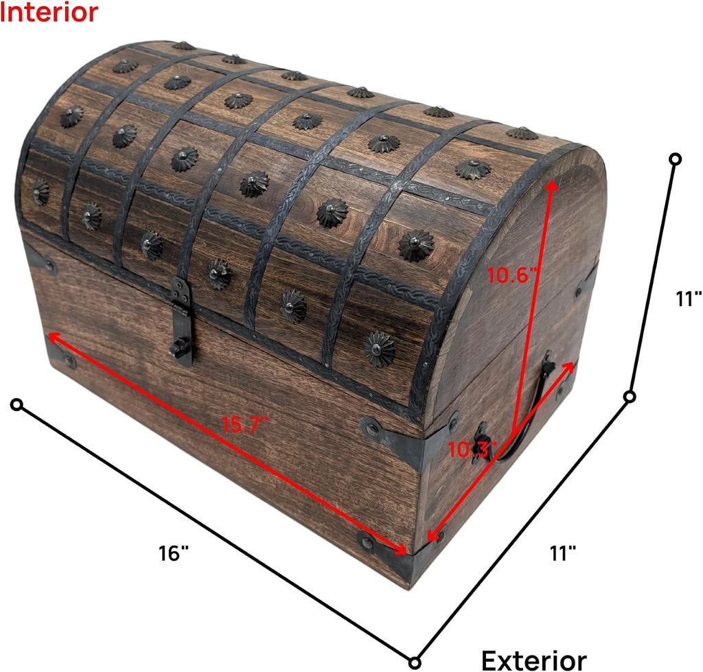 Handmade Pirate Treasure Chest - Wooden Storage Box with Iron Lock & Skeleton Key - Rustic Decorative Jewelry (XL 16 x 11 x 11)