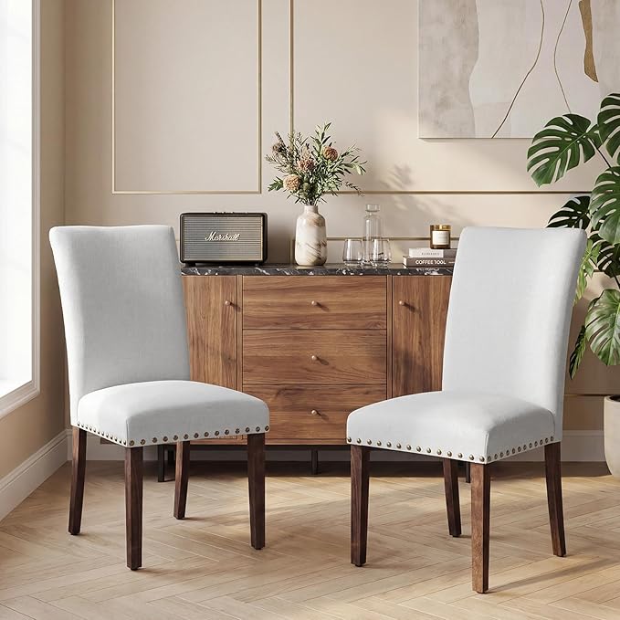 Furniliving Upholstered Dining Chairs Set of 6 - Line Fabric Modern Farmhouse Kitchen Chairs, High-Back Dining Room Chairs with Wooden Legs for Kitchen Dining Room Living Room.Light Grey