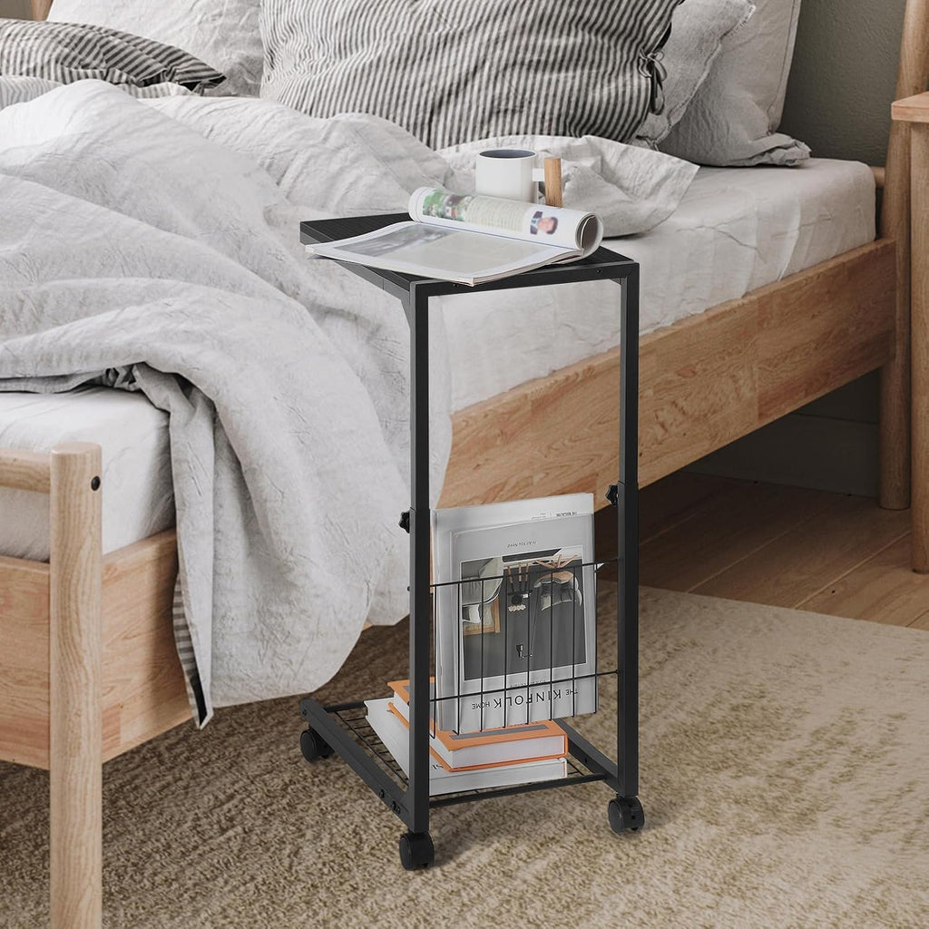 C Shaped End Table Small Side Table with Wheels Slide Under Couch Table for Sofa Adjustable Height C Table with Metal Frame for Living Room Bedroom Bedside, Black
