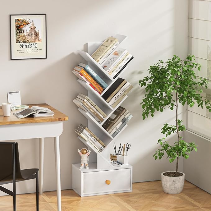 8 Tier Tree Bookshelf with Drawer, Free Standing Wood Bookcase for Living Roo...