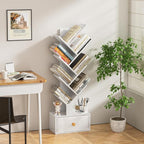 8 Tier Tree Bookshelf with Drawer, Free Standing Wood Bookcase for Living Room, Bedroom, Home Office, Space Saving Storage Organizer Bookshelves for Books, CDs, Vinyl Records- White