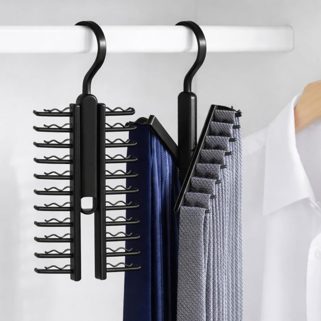 Tie Hanger for Men – 2 Pack Space-Saving Tie Organizer for Closet – Durable Plastic Scarf & Belt Hanger – 20-Tie Capacity Rack, Black – Closet Organizer for Ties, Scarves & Accessories