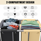 Commercial Laundry Cart with Wheels, 400L 2-Section Large Lanudry Hamper with Wheels, Heavy-Duty Rolling Laundry Cart with Silent Rubber & Waterproof Oxford Bags (Black Beige)