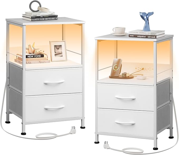 WLIVE White Night Stand Set of 2 with Charger Station, LED Nightstand with 2 ...