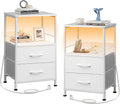 WLIVE White Night Stand Set of 2 with Charger Station, LED Nightstand with 2 Fabric Drawers and Storage Shelf, Bedside Tables with 3 USB Ports and 2 Outlets, Small Dresser for Bedroom,Small Space