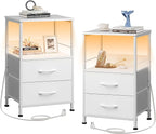 WLIVE White Night Stand Set of 2 with Charger Station, LED Nightstand with 2 Fabric Drawers and Storage Shelf, Bedside Tables with 3 USB Ports and 2 Outlets, Small Dresser for Bedroom,Small Space
