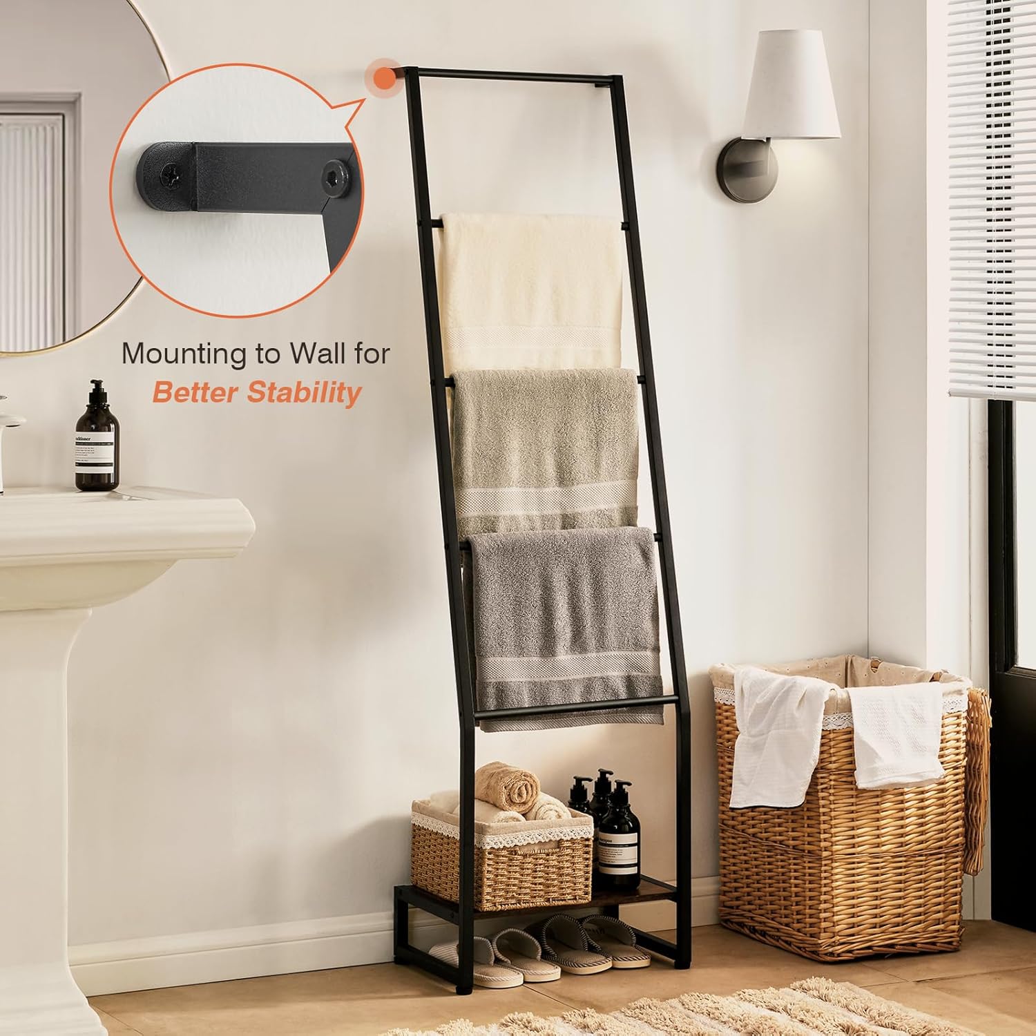 DGWJSU Blanket Ladder, 5 Tier Ladder Shelf,Wooden Blanket Ladders for Living Room and Bedroom, 5.2ft Blanket Holder Rack Farmhouse Ladder Rack for Storage and Home Decor, Rustic Brown and Black