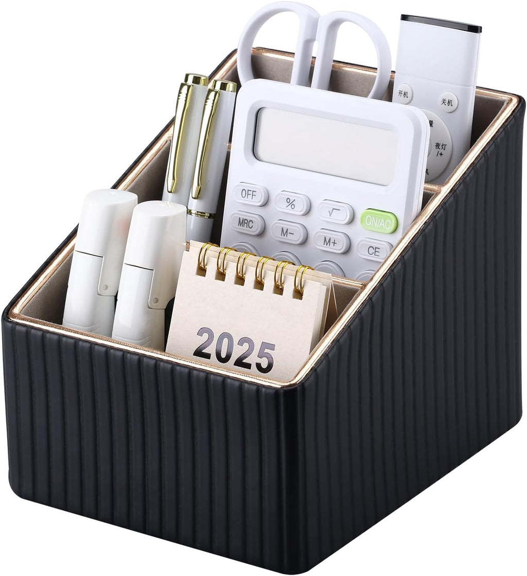 KINGFOM 3 Slot PU Leather Remote Controller Holder, Home Sundries Storage Box, TV Guide/Mail/CD Organizer/Caddy/Holder with Free Cable Desk Organizer (Black Striped)