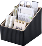 KINGFOM 3 Slot PU Leather Remote Controller Holder, Home Sundries Storage Box, TV Guide/Mail/CD Organizer/Caddy/Holder with Free Cable Desk Organizer (Black Striped)