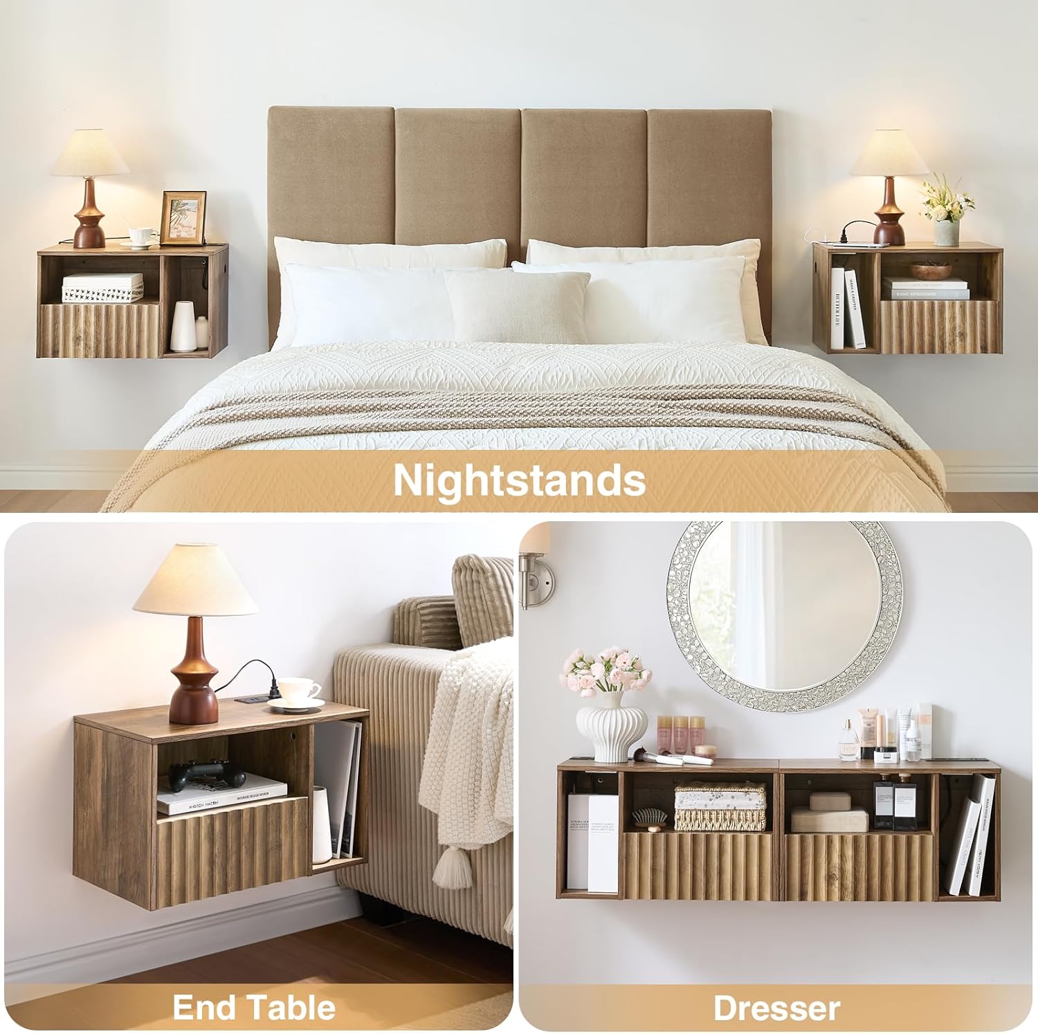 Modern Rustic Brown Fluted Floating Nightstand with Charging Station, NightStand with Drawers, Bedside with USB Ports and Outlets, Bedroom Furniture (Right)