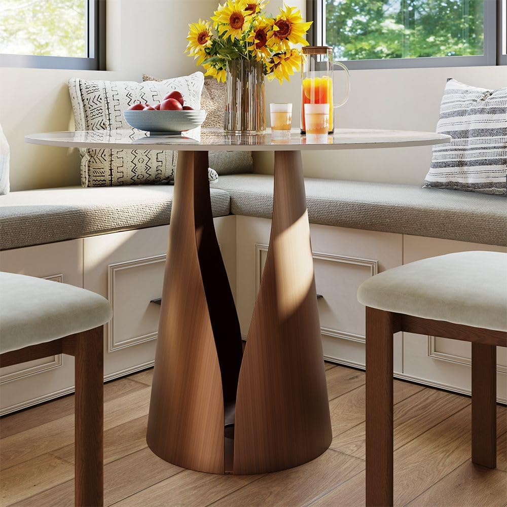 POVISON 35" Round Dining Table, Sintered Stone Top with Metal Pedestal B...