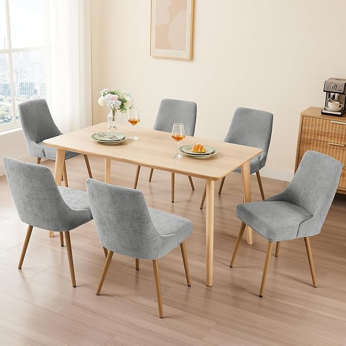 Modern Upholstered Dining Chairs Set of 6 with Thick Seat Cushion and Curved Back, Fabric Farmhouse Dinner Chair for Kitchen, Dining Room,Cafe (Fabric - Light Gray, Set of 6)