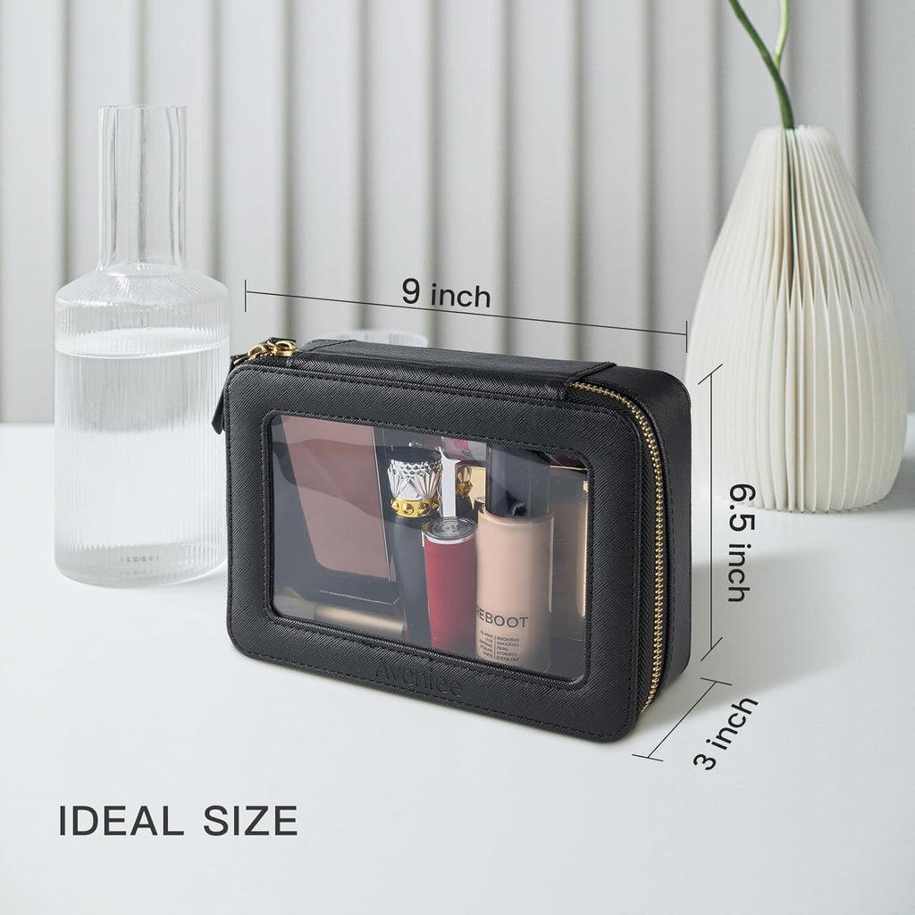 Aveniee Clear Makeup Bag Organizer, Portable Travel Toiletry Cosmetic Bag Case for Women, Heavy Duty Clear Pouch with zipper with Transparent Vinyl Windows & Gold Zippers(Black)