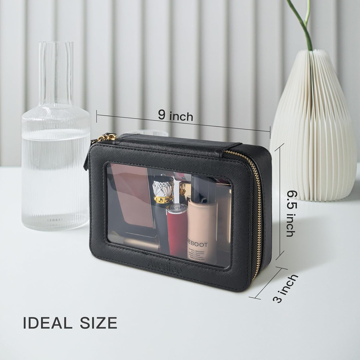 Aveniee Clear Makeup Bag Organizer, Portable Travel Toiletry Cosmetic Bag Case for Women, Heavy Duty Clear Pouch with zipper with Transparent Vinyl Windows & Gold Zippers(Black)