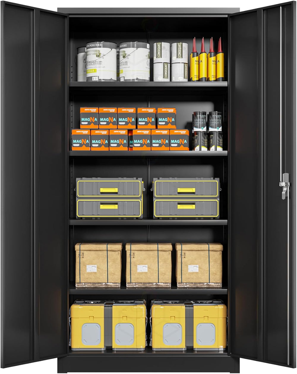 Black Iron Metal Lockable Storage Cabinet - Durable Home Office Garage Organi...