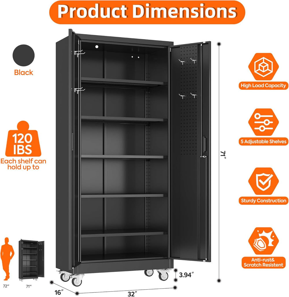 SUXXAN 71" Metal Storage Cabinet with Wheels, Pegboard, Lock, 5 Shelves ...