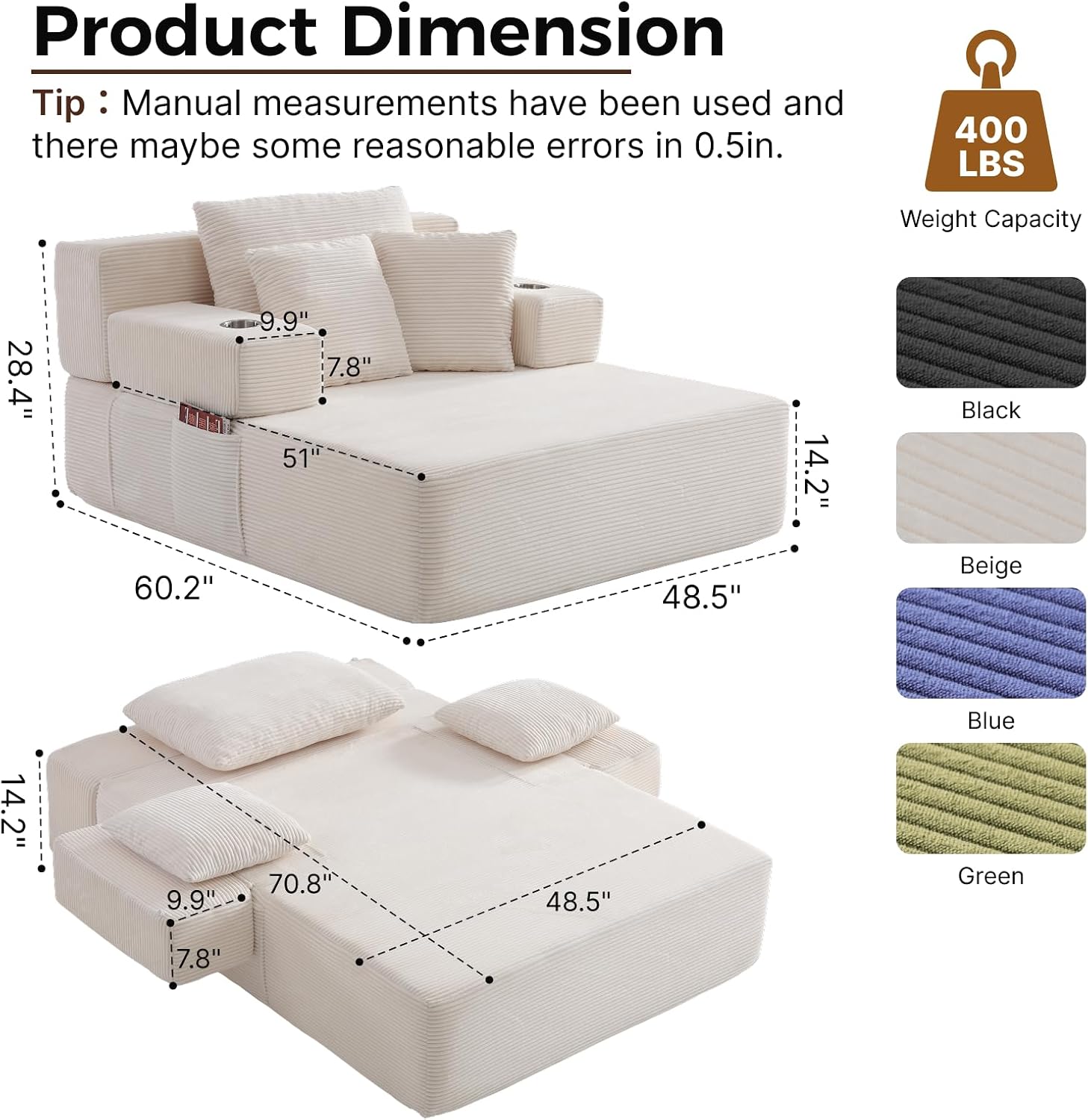 70"Chaise Lounge Chair, Oversized Boneless Chair & 2 Cup Holder 4 Pockets | Oversized Corduroy Lounge Chair Indoor Convertible, 3 Pillows, Deep Seat Sleeper Sofa Bed, Living Room, Reading, No Assembly