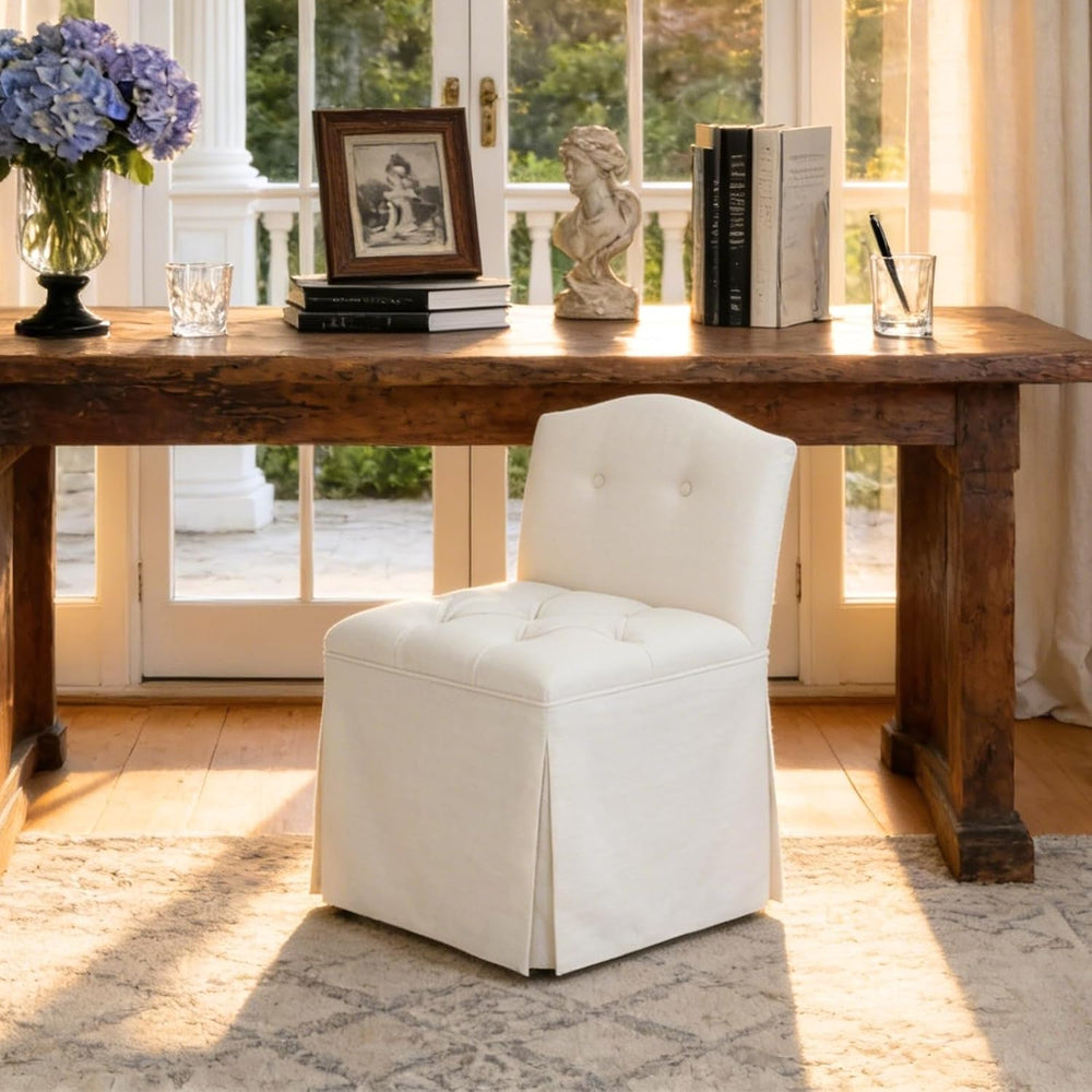 White Tufted Makeup Vanity Chair with Wheels, Small Upholstered Skirted Slipp...