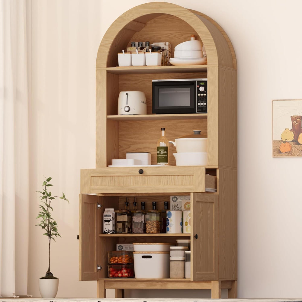 Arched Pantry Cabinet, 71" Kitchen Pantry Cabinet with Smooth Gliding Dr...