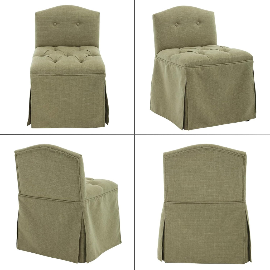 Green Tufted Makeup Vanity Chair with Wheels, Small Upholstered Skirted Slipper Accent Chair with Low Back & Metal Legs, Armless Rolling Vanity Stool Desk Chair for Living Room Bedroom