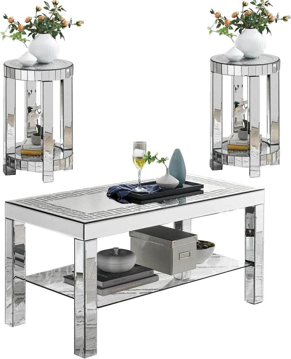 Silver Mirrored 3 Piece Living Room Table Set, Modern 2 Tier Rectangle Center...