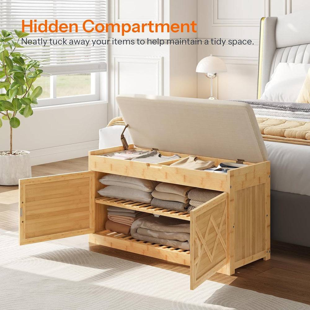 HOOBRO Shoe Bench, Shoe Storage Bench with Cushion, Bamboo Entryway Bench wit...