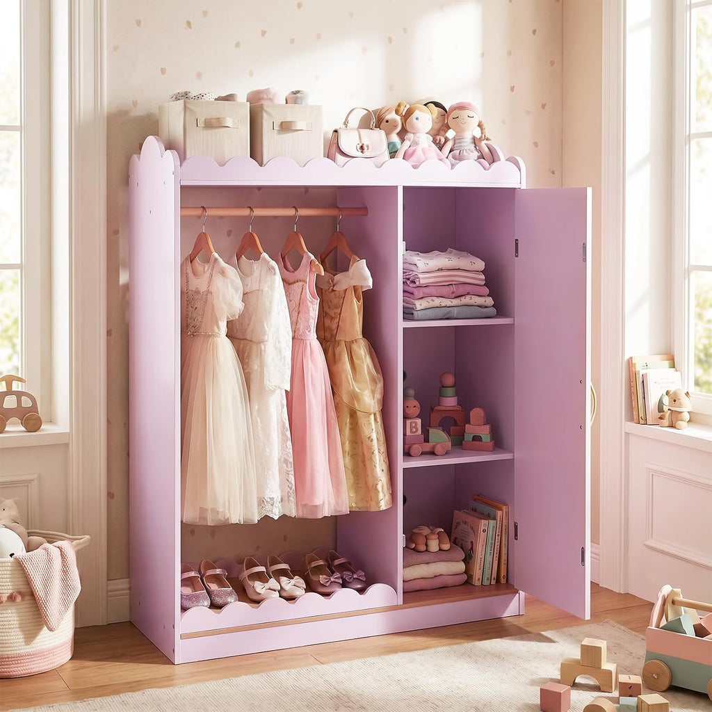 Costzon Kids Dress Up Storage with Mirror, Toddler Wardrobe Closet with Open Hanging Clothing Rack, Cabinet & Shelves, Kids Armoire & Costume Organizer for Bedroom, Kids Room, Playroom (Pink)