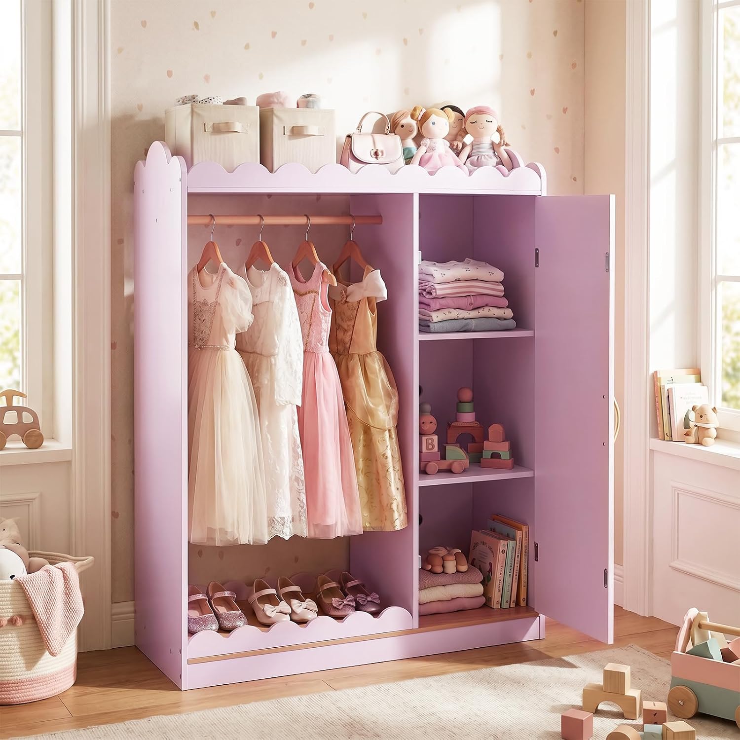 Costzon Kids Dress Up Storage with Mirror, Toddler Wardrobe Closet with Open Hanging Clothing Rack, Cabinet & Shelves, Kids Armoire & Costume Organizer for Bedroom, Kids Room, Playroom (Pink)