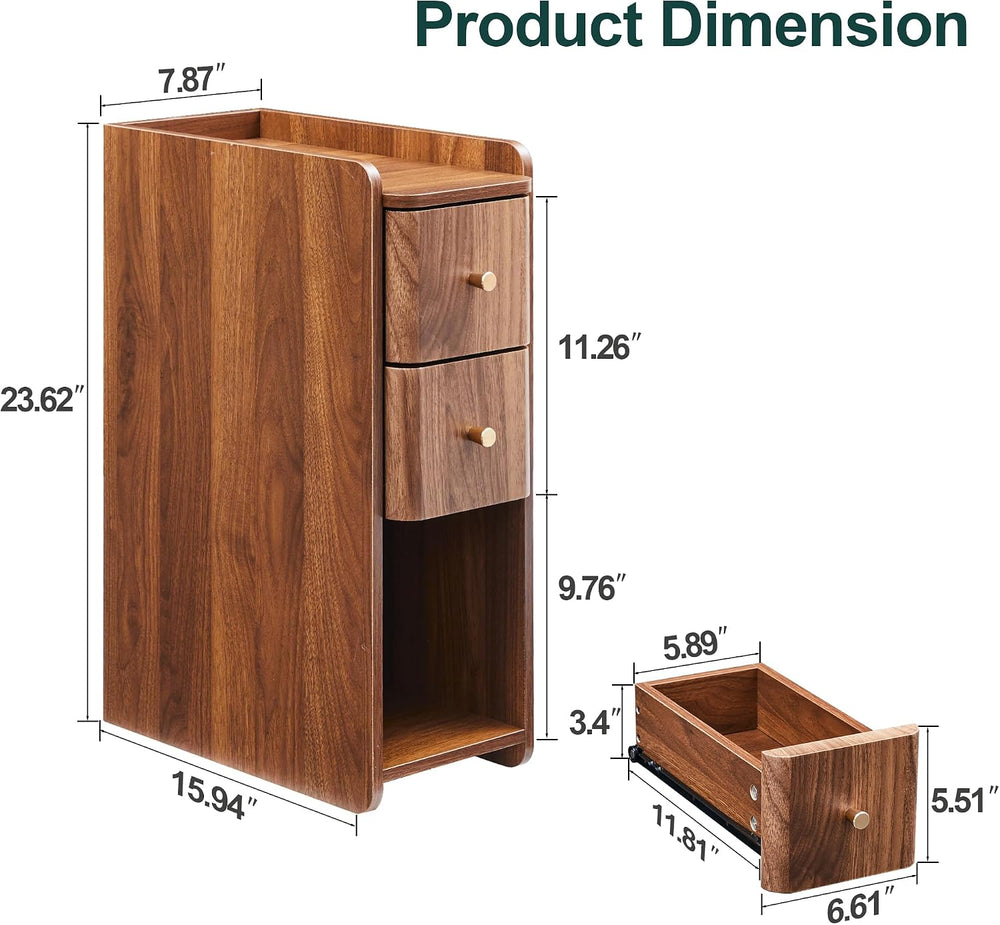 Narrow End Table Bedroom, Wooden Small 2 Drawer Nightstand, Thin Couch Side E...