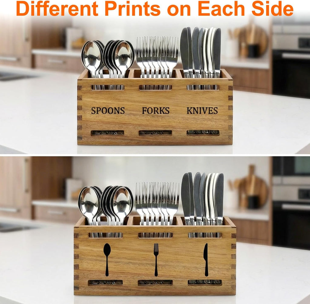 Flatware Silverware Caddy Party Acacia Wood Cutlery Utensil Holder Counter | Small Wooden Cutlery Silverware Organizer Table Spoon and Fork Holder Picnic Utensil Caddy Farmhouse Kitchen Decor