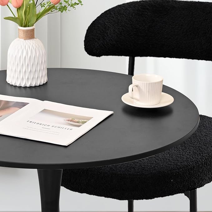 3-Pieces 24" Small Round Dining Table and Dininig Chair Set for 2,MDF Table Top and Heavy Metal Base Leg for Dining Room Apartment Small Space,Boucle Fabric, Black