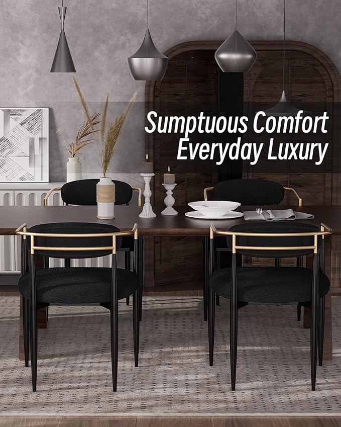 Morden Fort Black Modern Dining Chairs Set of 2, Boucle Upholstered Accent Dining Chairs with Gold Armrest and Curved Backrest for Kitchen, Living Room and Lounge