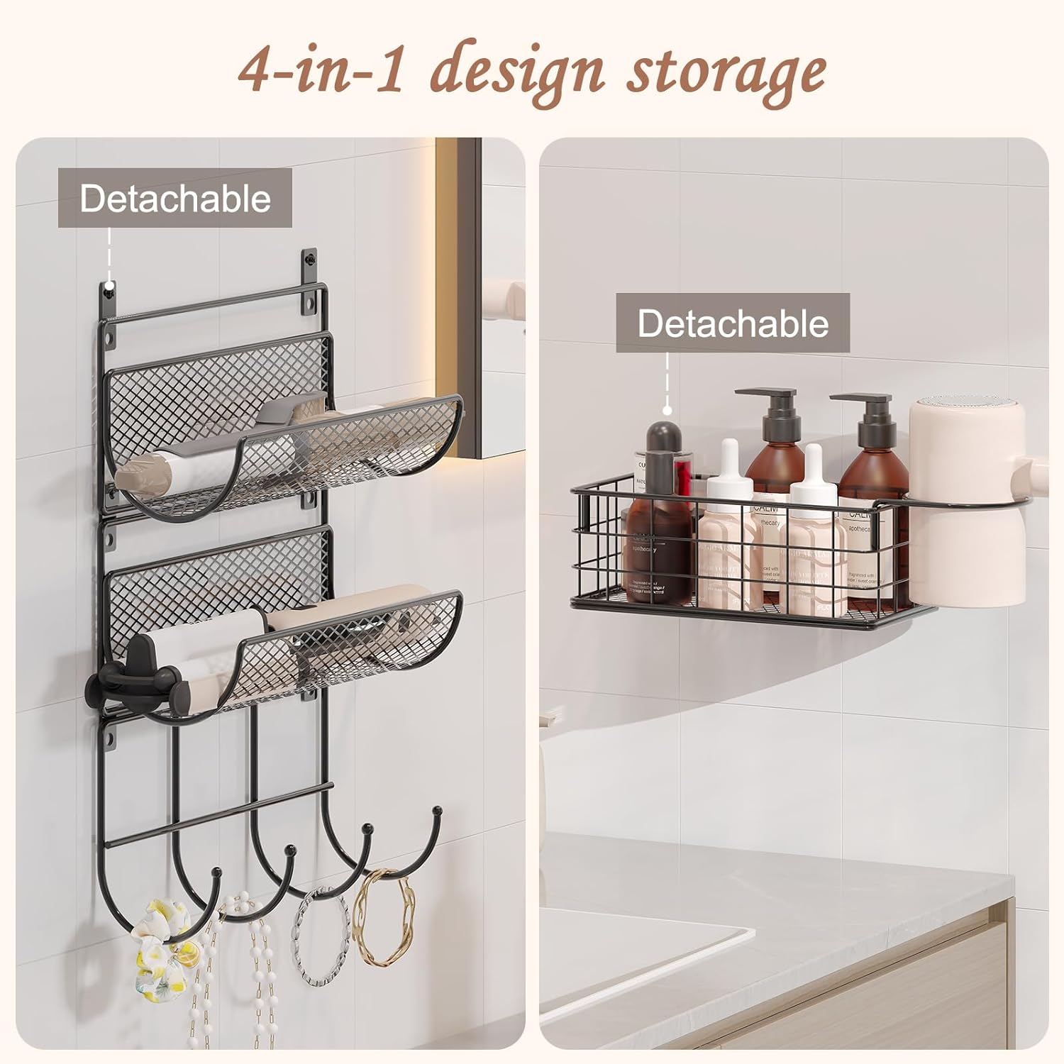 4 tiers Hair Dryer Holder Styling Tool Organizer Wall-Mounted Storage Wire Basket with Hook Heat Safe Rack for Hair-Straighteners,Curling Wands,Flat Iron,Perfume,Cabinet Door Bathroom