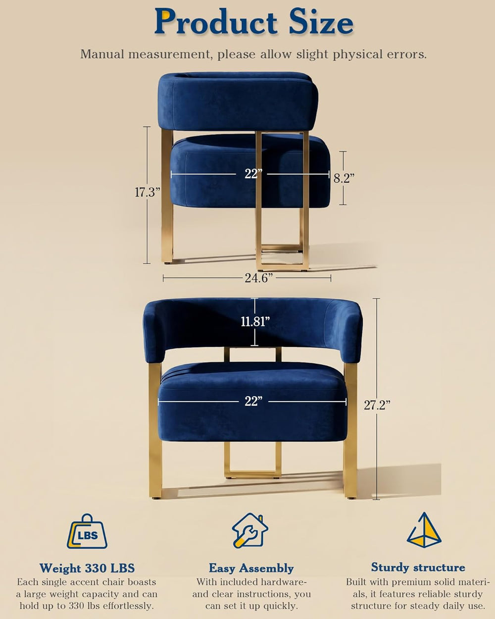 AODAILIHB Blue Modern Accent Chairs Set of 2, Velvet Barrel Chairs with Gold ...