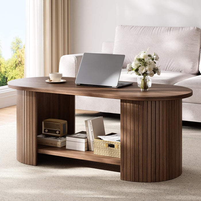 42" Oval Fluted Coffee Table, 2-Tier Center Table with Large Storage, Mid-Century Modern Wood Coffee Table for Living Room, Home Office, Small Space, Walnut
