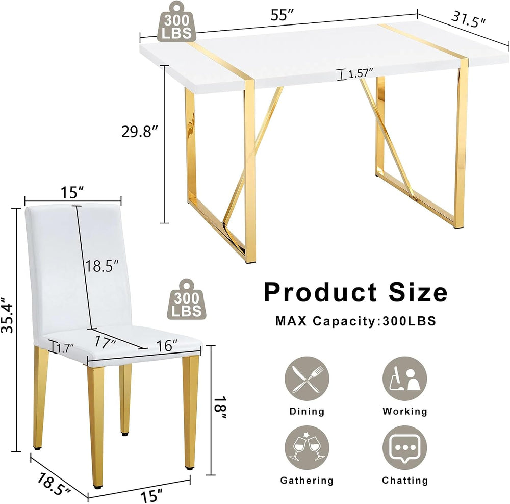 55" White Dining Table Set for 4, Modern Dining Table Set for 4, White G...