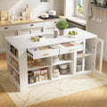 71"x 35.4" Large Imitation Marble Dining Table with Storage, Kitchen Island with Power Outlet & LED Lights, Fridge Space, Modern Wood Counter Height Island Bar