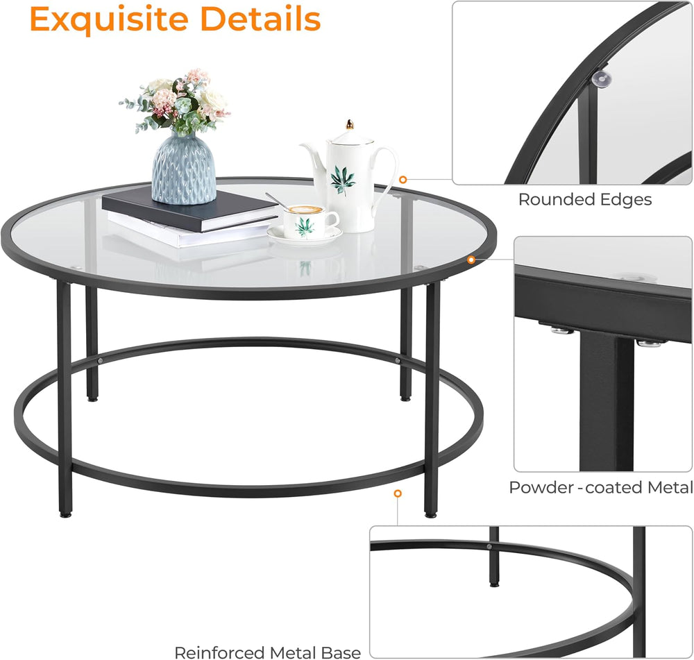 Yaheetech 36" Round Glass Coffee Table for Living Room, Metal Frame, Black