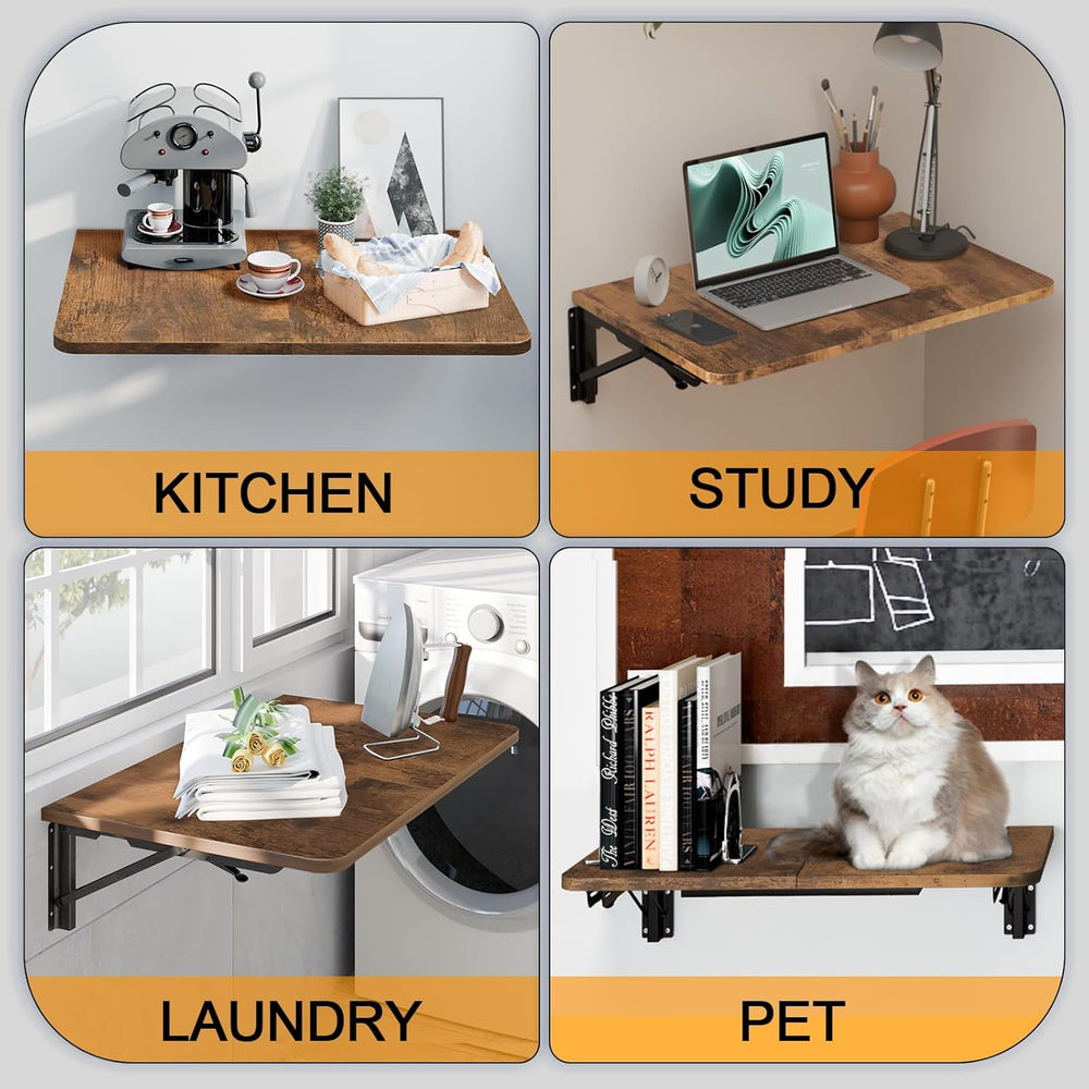 TEAMIX Wall Mounted Folding Table, Rustic Brown Floating Desk for Small Space...