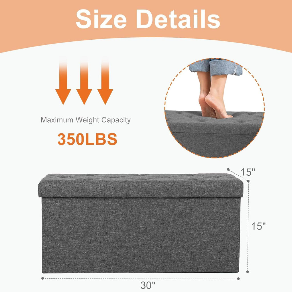 Sweetcrispy 30in Foldable Storage Ottoman Bench, End of Bed Foot Rest Stools Ottoman Storage Chest with Padded Seat for Bedroom, Living Room, Holds up to 660 lb, Modern Grey