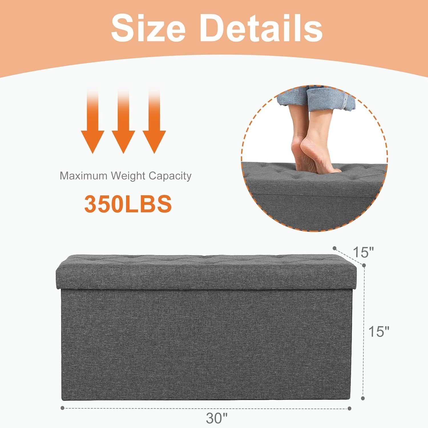 Sweetcrispy 30in Foldable Storage Ottoman Bench, End of Bed Foot Rest Stools Ottoman Storage Chest with Padded Seat for Bedroom, Living Room, Holds up to 660 lb, Modern Grey