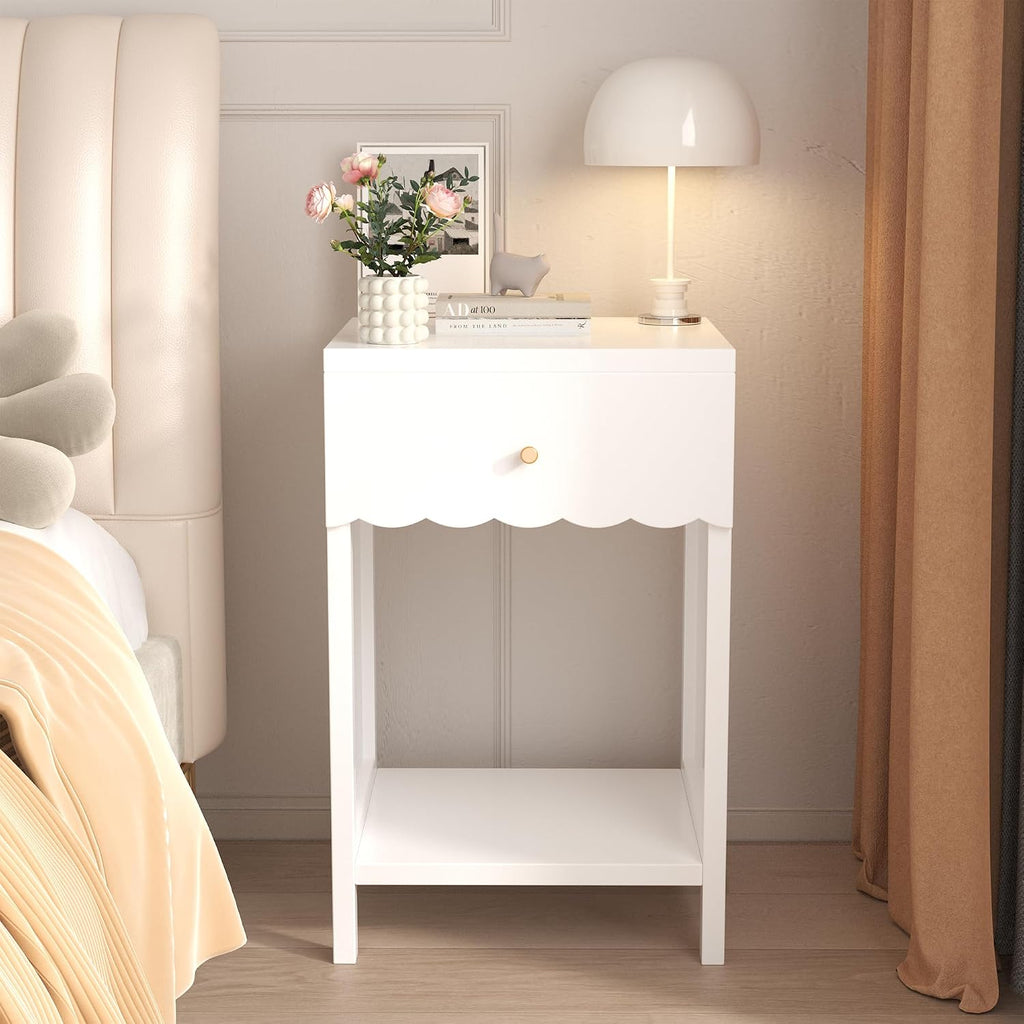 Night Stand Nightstand with Drawer and Open Shelf, Cute Scalloped Edge Bedside Table for Girls Bedroom, Modern Wood End Table, Coquette Preppy Room Decor Bedroom