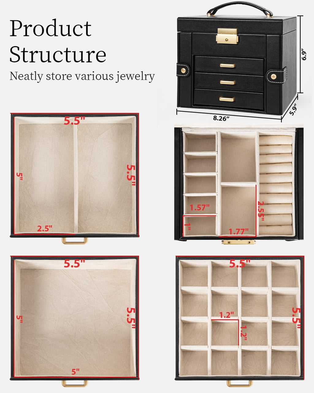 TORIBIO Jewelry Box for Women, Leather Jewelry Organizer with Mirror & Lock, 4-Tier Jewelry Storage Organizer with 3 Drawers for Girls/Women/Mothers, Necklace Earring Bracelets Holder Organizer