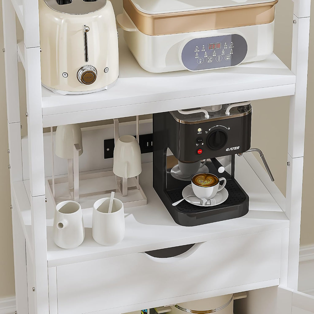 VECELO 3 Tier Freestanding Microwave Stand with Charging Station, Farmhouse Coffee Bar Cabinet with Drawer & Open Storage Shelves, Kitchen Counter Rack Compatible with 1.0 Cu.Ft Microwave Oven, White