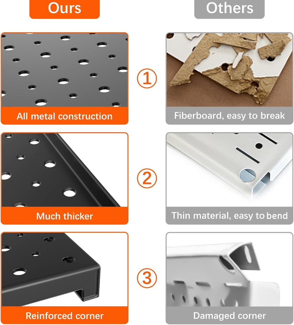 TORACK Metal Pegboard Panels and Hooks for Garage, Workbench, Shop, Shed Tool Organizer Peg Board with 1/8" & 1/4" Holes, Modular Wall-Mounted Pegboard with Pegboard Hooks(Black)