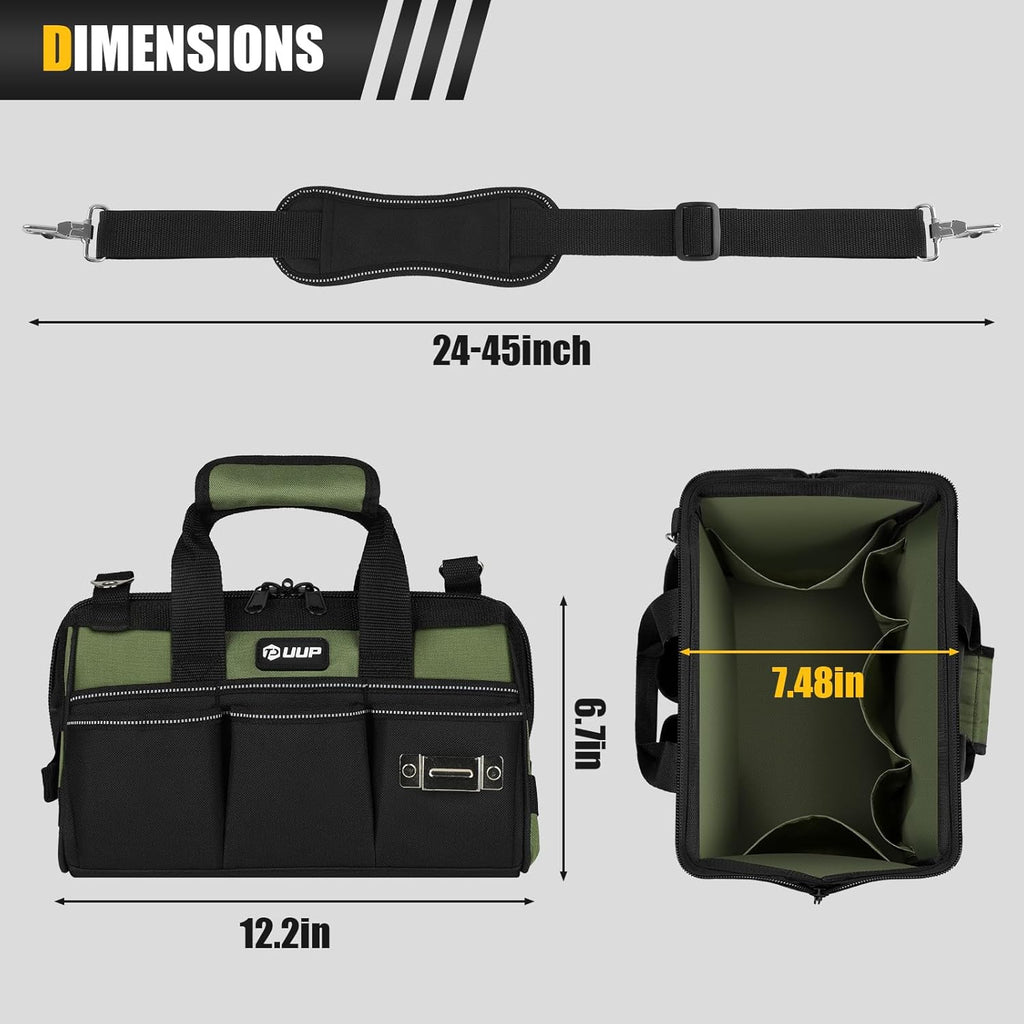 12-Inch Mini Small Tool Bag, 15-Pocket Portable Tool Box Organizer Storage, Heavy Duty Tactical Carrying Tote, Home Toolbag with Large Zipper, Father Day Dad Men Engineer Electrician Gift, Green