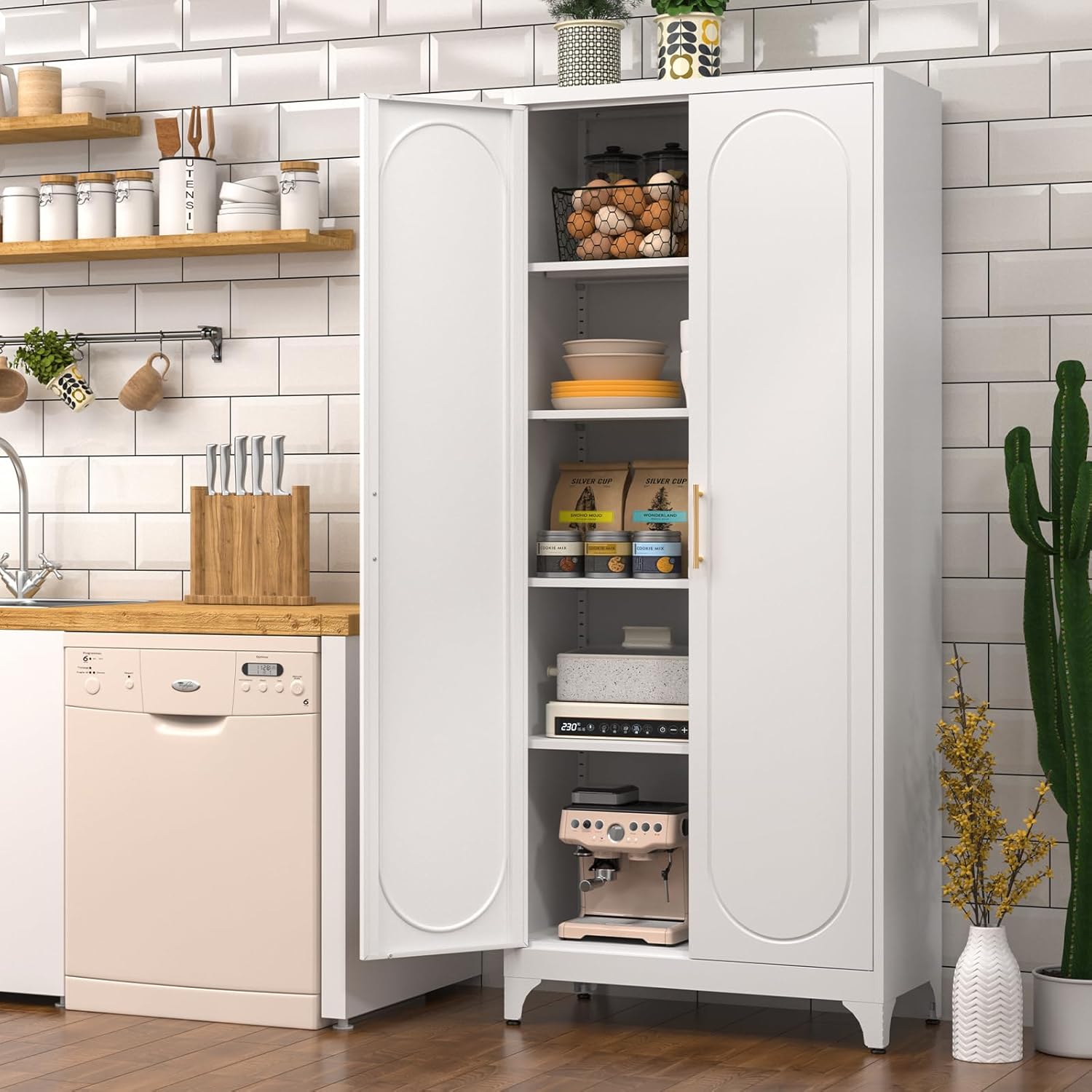 Polup 75" Tall Metal Kitchen Pantry Storage Cabinet with Doors and Shelves | White Freestanding Cupboard, 5-Tier Heavy Duty, 4 Adjustable Shelving, Gold Handles, for Garage, Dining Living Room, Office